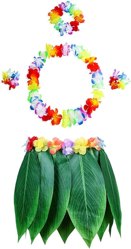 Hawaiian Dress Skirt Hula Grass Skirt With Flower Accessories Adult Lady HUUS