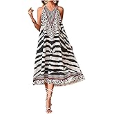 MakeMeChic Women's Stripe Maxi Dress Zebra Print Halter Backless Flowy Boho Summer Long Dresses