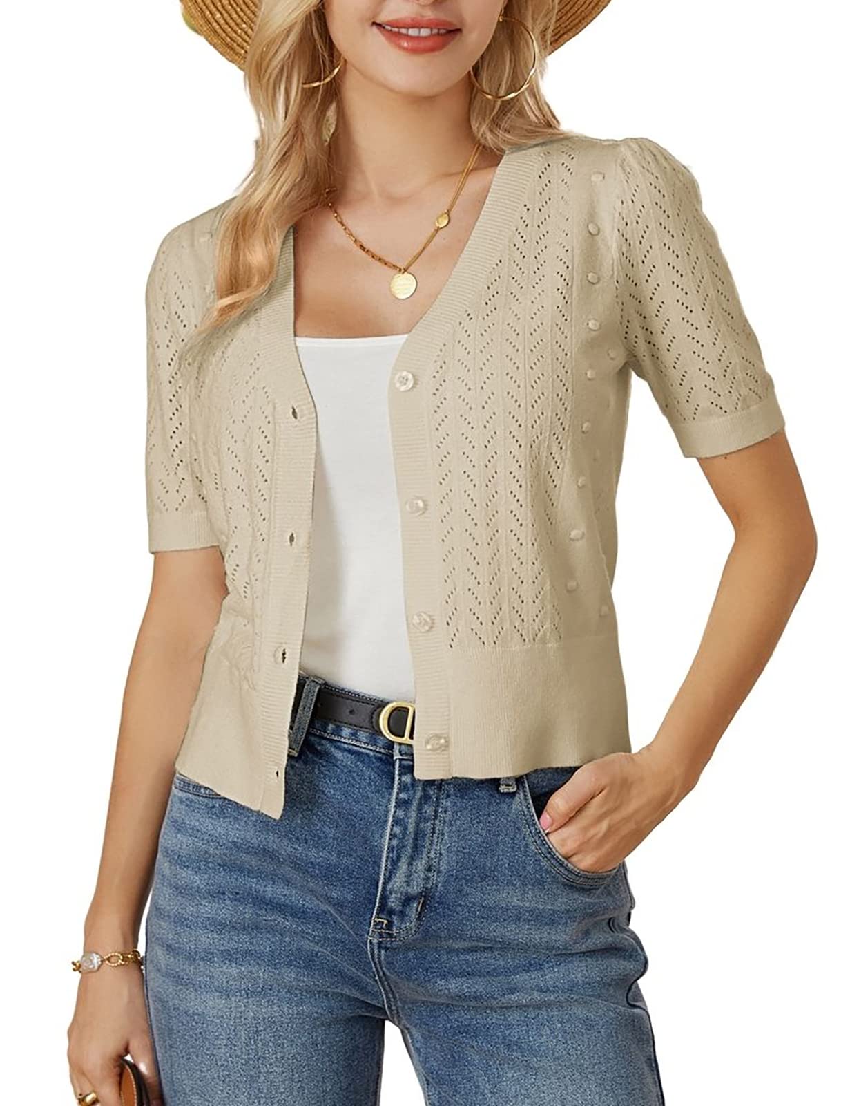 Stylish Short Sleeve Shrug Sweater for Women Cute Crochet Shrug Sweater for Sleeveless Dresses Tops Lightweight Comfortable Apricot S Image