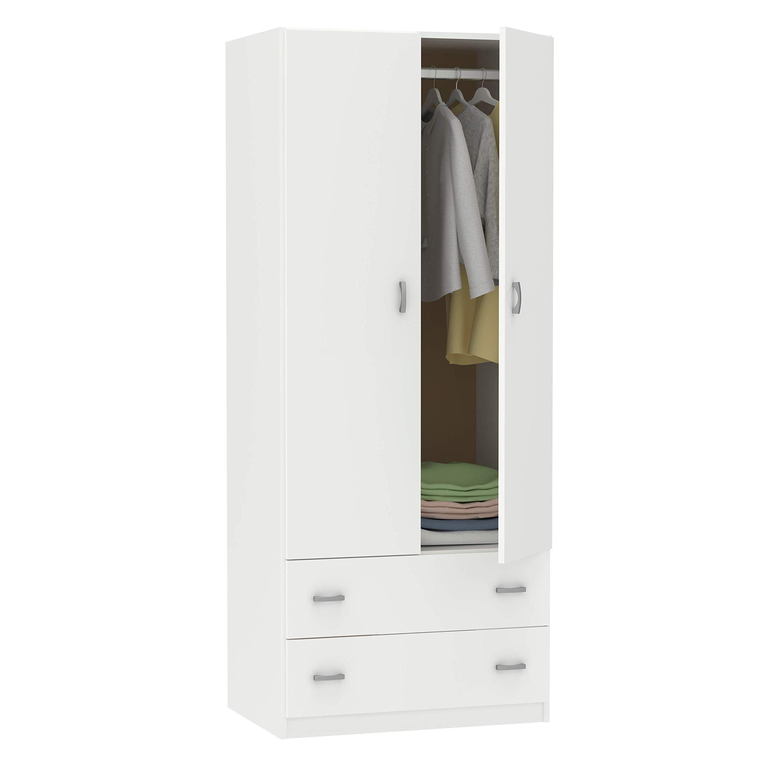 Armario-Color-Blanco-Brillo-2-Puertas-2-Cajones-Ropero-Dormitorio-Juvenil-74x180x50