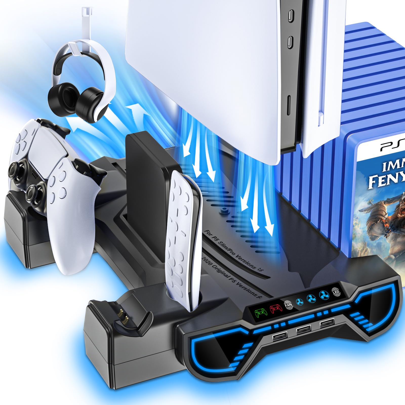 PS5/Slim/Pro Cooling Station with Controller Charging Station for Playstation 5 Console - LED PS5 Stand with Controller Charger, Cooling Stand Accessory Kit-Turbo Fan/Headset Holder/3 USB Hub, Black