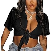 LovelyWholesale Graphic Crop Tops for Women Sexy Tie Front Top Summer Short Sleeve V Neck T Shirt