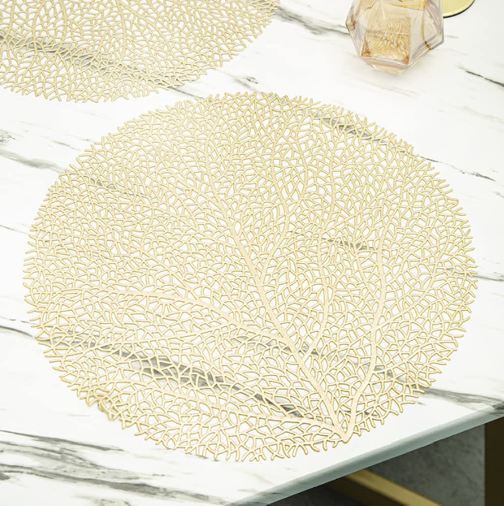 Round Gold Placemats, 6 Pack Decorative Placemats Round Placemat PVC Placemats Hollow Table Place Mats Washable for Dining Table (Gold)