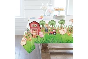 Farm Theme Tablecloth, Red Hut Cartoon Farm Animal Pattern Disposable PE Tablecover, Plastic Rectangular Waterproof Table Cl