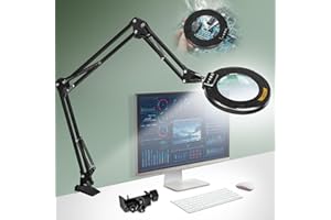 NUEYiO Ultra Long 3-Section Swing Arm 12X Magnifying Glass with Light and Stand, 4-way Large Strong Metal Clamp Lighted Magnifier Lamp, 5 Color Modes LED Magnifying Lamp for Workbench, Crafting, Hobby