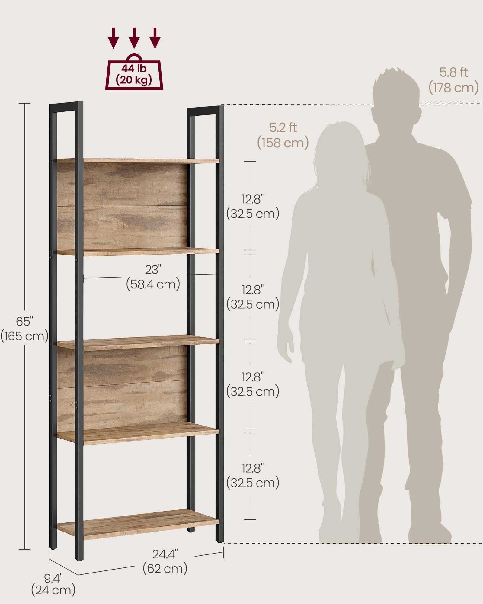 VASAGLE 5-Tier Bookshelf, Book Shelf, Industrial Bookcase, with Steel Frame, for Living Room, Home Office, Bedroom, 9.4 x 24.4 x 65 Inches, Camel Brown and Black ULLS025B50