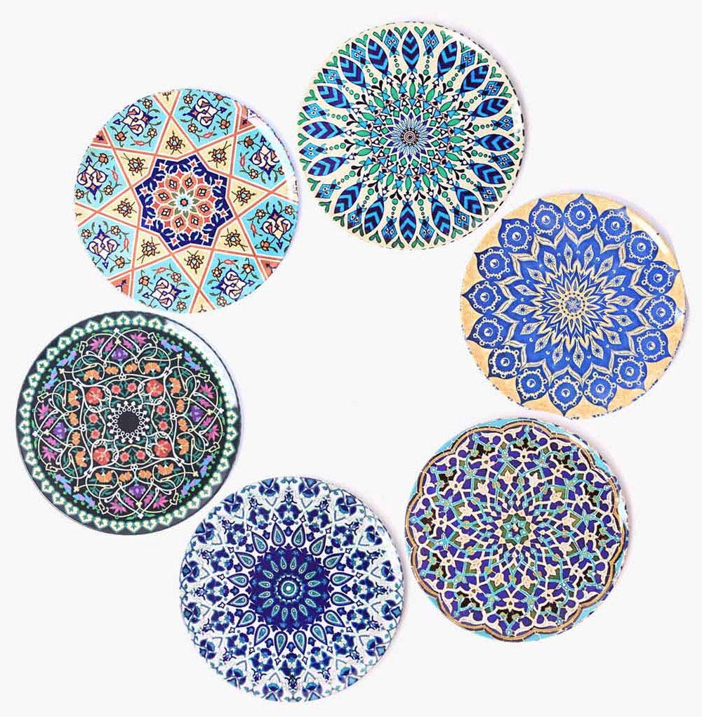 BOHORIA® Premium Design Coasters (Set of 6) - Decorative coasters for glass, cups, vases, candles on their dining table made of wood, glass or stone (round | 9cm) (Orient Edition) (Boho)