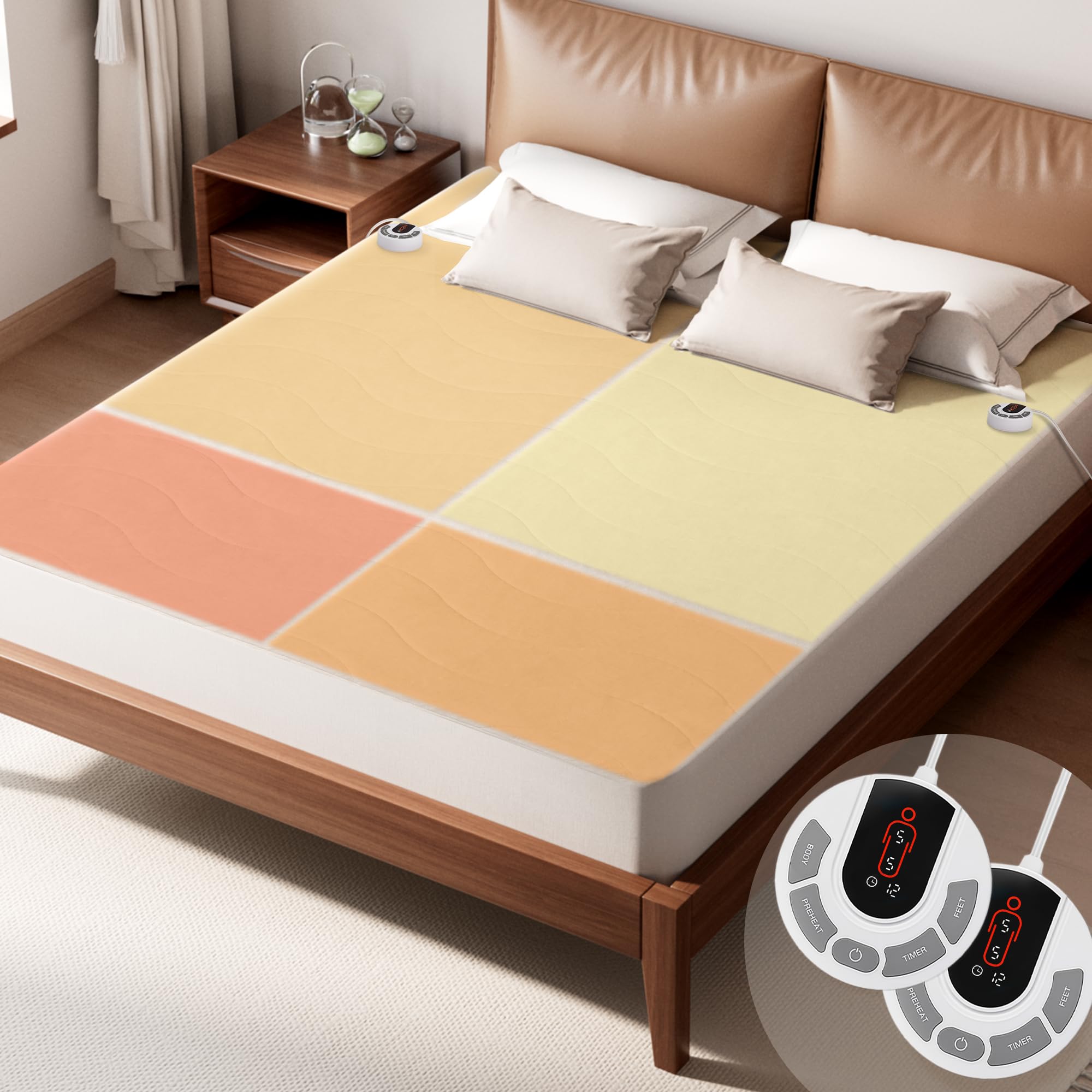 GOTCOZY Multi-Zone Heated Mattress Pad Queen Size - Electric Mattress Pad Fit up to 15" with 10 Heat Setting & 12 Hour Auto Off, Independent Body & Feet Heating, Machine Washable（Bleach） Image