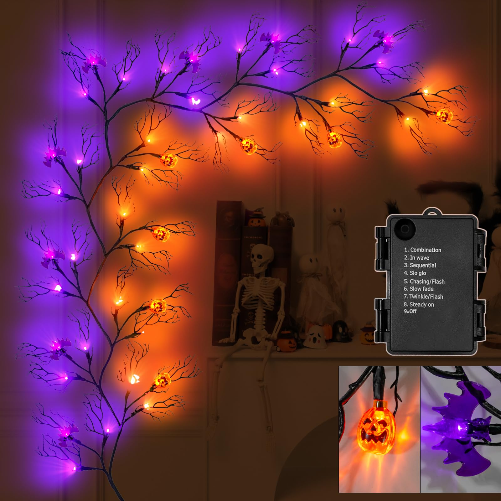 Photo 1 of [8 Modes & Timer] 6 Ft Halloween Decor Vine with 45 LED Lights, Adjustable Shape for Garland or Wreath, Suitable for Home,Bedroom,Wall,Fireplace,Mantle,Battery-Operated Indoor Halloween Decoration