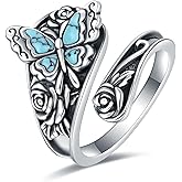 EJALEN S925-Sterling-Silver Abalone Dragonfly-Turquoise Spoon Ring - Vintage Boho Sunflower Thumb Oxidized Wrap Rings Victorian Style Antique Floral Jewelry Gifts for Women