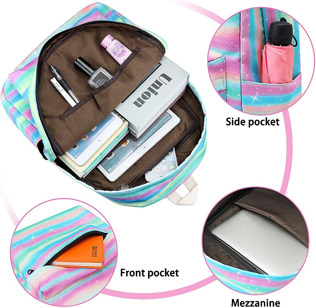 Xinveen Striped Rainbow Backpack Kids Twinkle School Bag Lightweight Laptop Backpack Multifunction Travel Daypack Gift for Teen Girls Women - Image 4