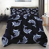 Pamnest Comforter Set Twin Size, Animal Sea Fish Soft 2 Pcs Bedding for Kids and Adults, Whale Navy Blue Comforter Set with Pillowcase, for Bedroom Bed Decor