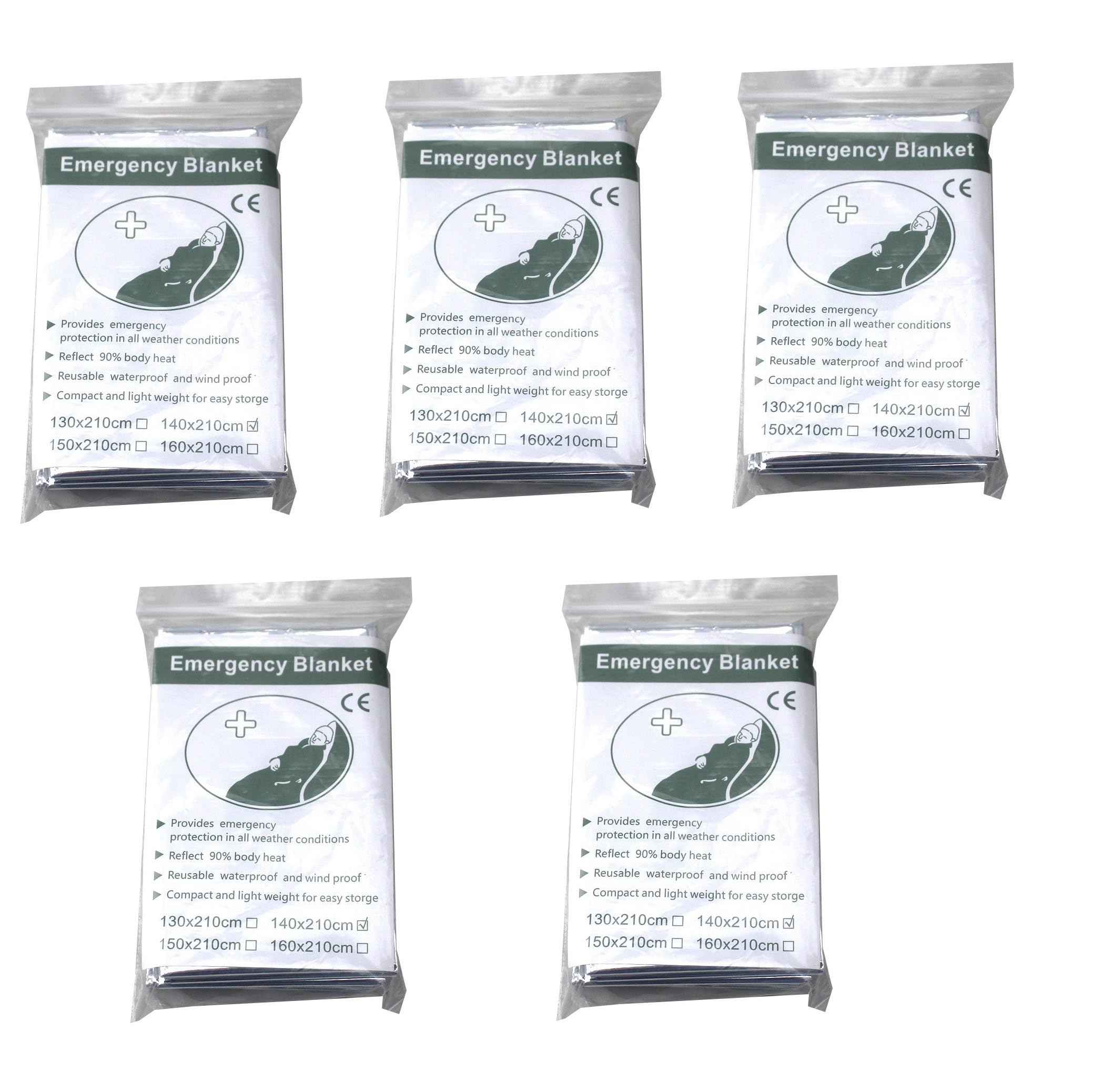 Emergency Blankets 83" x 55" (210 x 140 cm), Heat Reflective Survival Blanket, Silver Space Thermal Rescue Blanket, 5 Packs