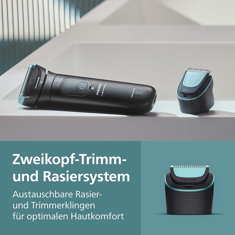 Bodygroom Series 7000 – Trimmer für Männer, flexiblem 2D-Scherkopf Dreifachschutz -austauschbare Scherköpfe, Nutzung im Intimbereich, 100% duschfest, 120 Min. Laufzeit, Modell BG7480/15