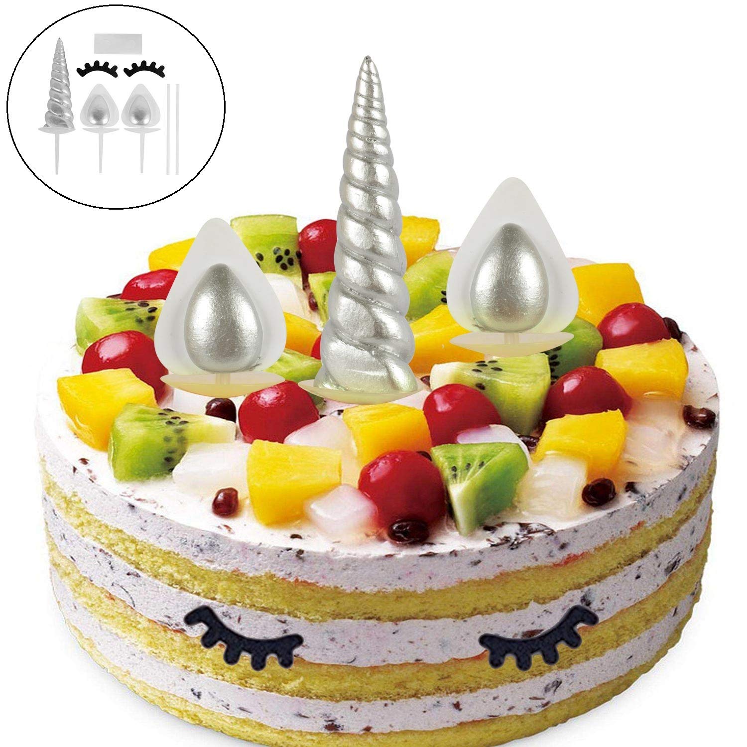 Yunjiadodo Unicorn Cake Topper, Handmade Silver Unicorn Horn Ears with Eyelashes for Birthday Party, Baby Shower and Wedding