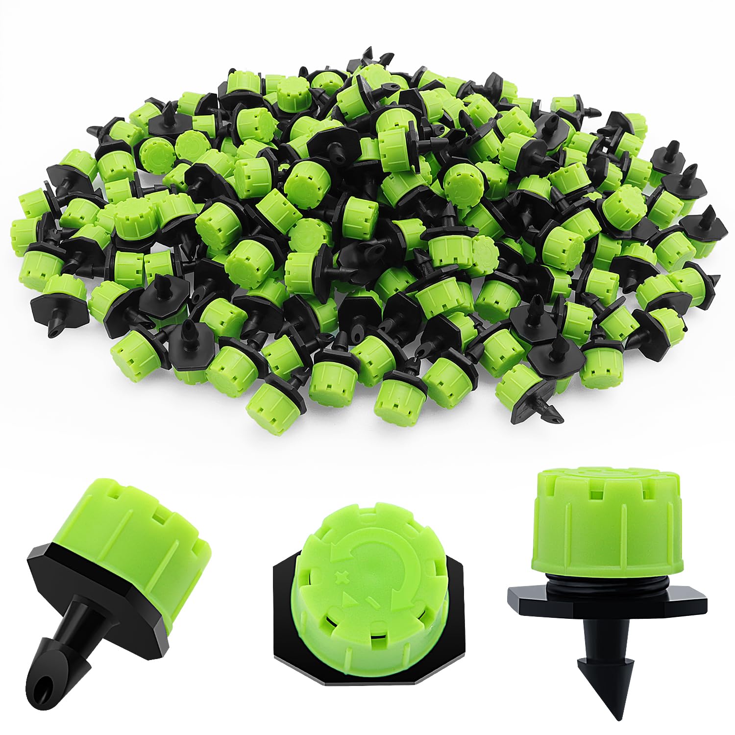 VooGenzek 200 PCS 1/4 Inch Adjustable Irrigation Dripper Sprinklers, Micro 8-Hole Emitter Drippers for Irrigation System, Anti-clogging Watering Sprinklers for Garden, Lawn, Greenhouse, Green