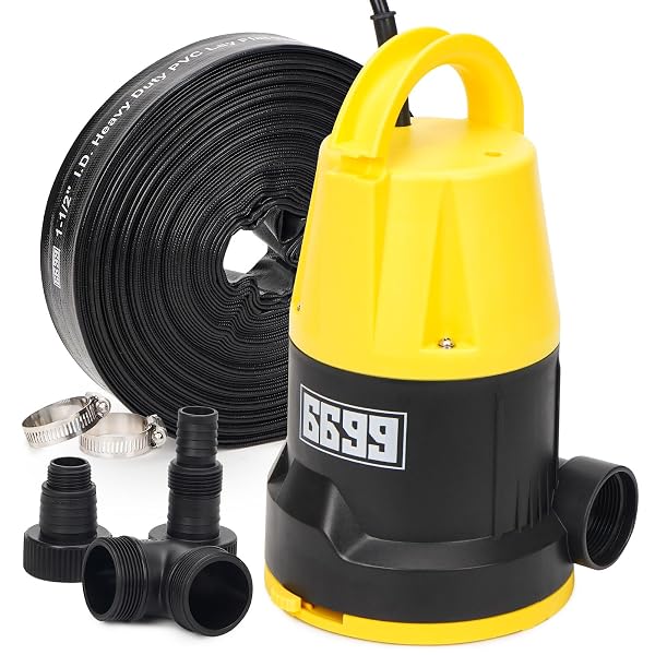 6699 SUBMERSIBLE SUMP PUMP 5000GPH HIGH FLOW WITH 25FT X 1-1/2” DISCHARGE HOSE DRAIN WATER PUMP KIT 1HP PORTABLE UTILITY PUMP EASY TO USE FOR FLOODED BASEMENT RAIN BARREL