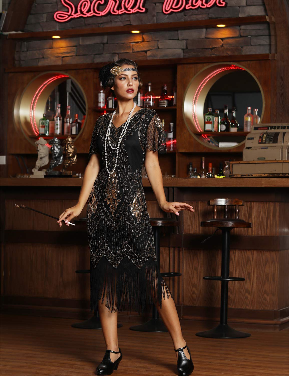 PrettyGuide Women's 1920s Dress Sequin Art Deco Flapper Dress with Sleeve