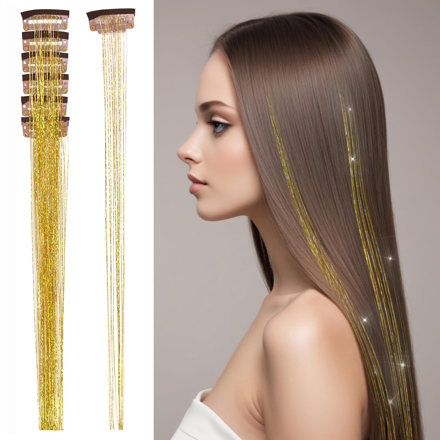 6 Pcs Clip in Hair Tinsel Kit 20.5 Inches Heat Resistant Glitter Tinsel Hair Extensions Fairy Hair Tinsel for Women Hair Styling Party Gift (Gold) — image 1