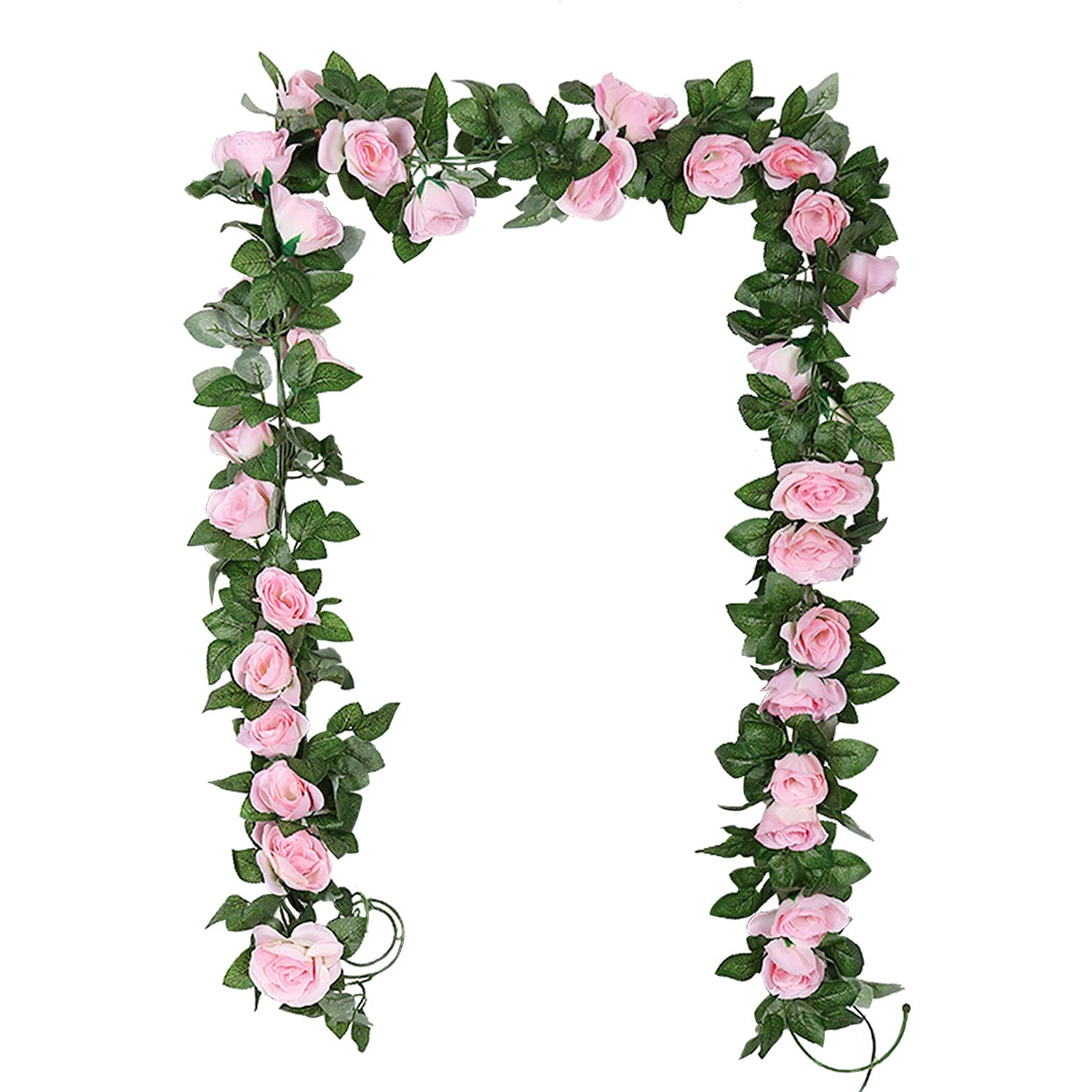 TSHAOUN 2 Pack Artificial Rose Vines Garland Fake Flower Plants Arts Hanging Decoration for Outdoor Indoor Home Kitchen Garden Office Wedding Ceremony Hotel Party 2 x 7.5 FT(Pink)