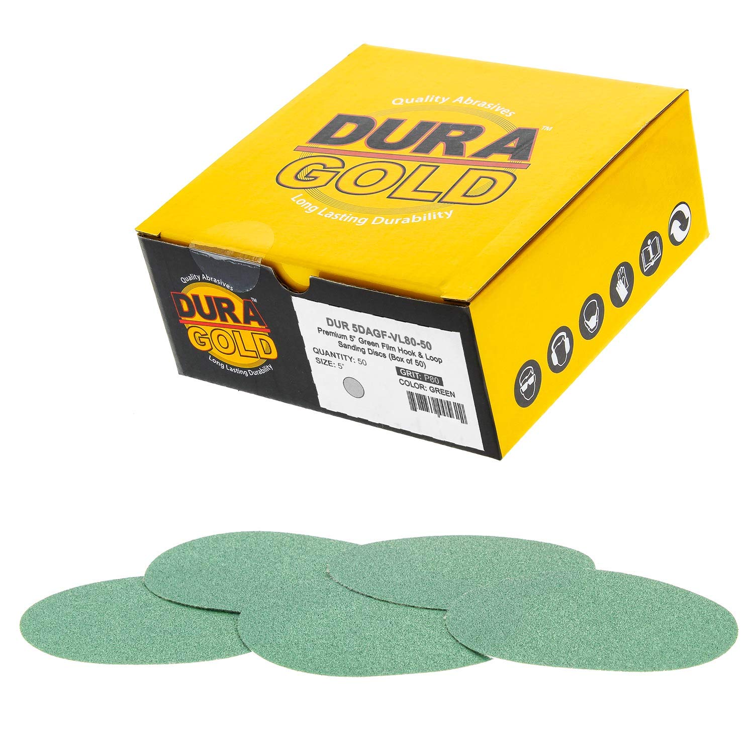 Dura-Gold - Premium Hook & loop - 80 Grit 5" Green Film - Hook & Loop Sanding Discs for DA Sanders - Box of 50 Sandpaper Finishing Discs for Automotive and Woodworking