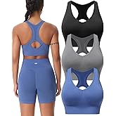 BLUELILY Women's Sports Bras 3 Pack Racerback Medium Support Bras V-Neck Padded Workout Seamless Yoga Athletic Bras