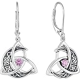 Raymard Trinity Celtic Knot Moon Leverback Earrings for Womens, 925 Sterling Silver Dangle Drop Round Gemstone Earrings, Irish Celtic Jewelry for Women