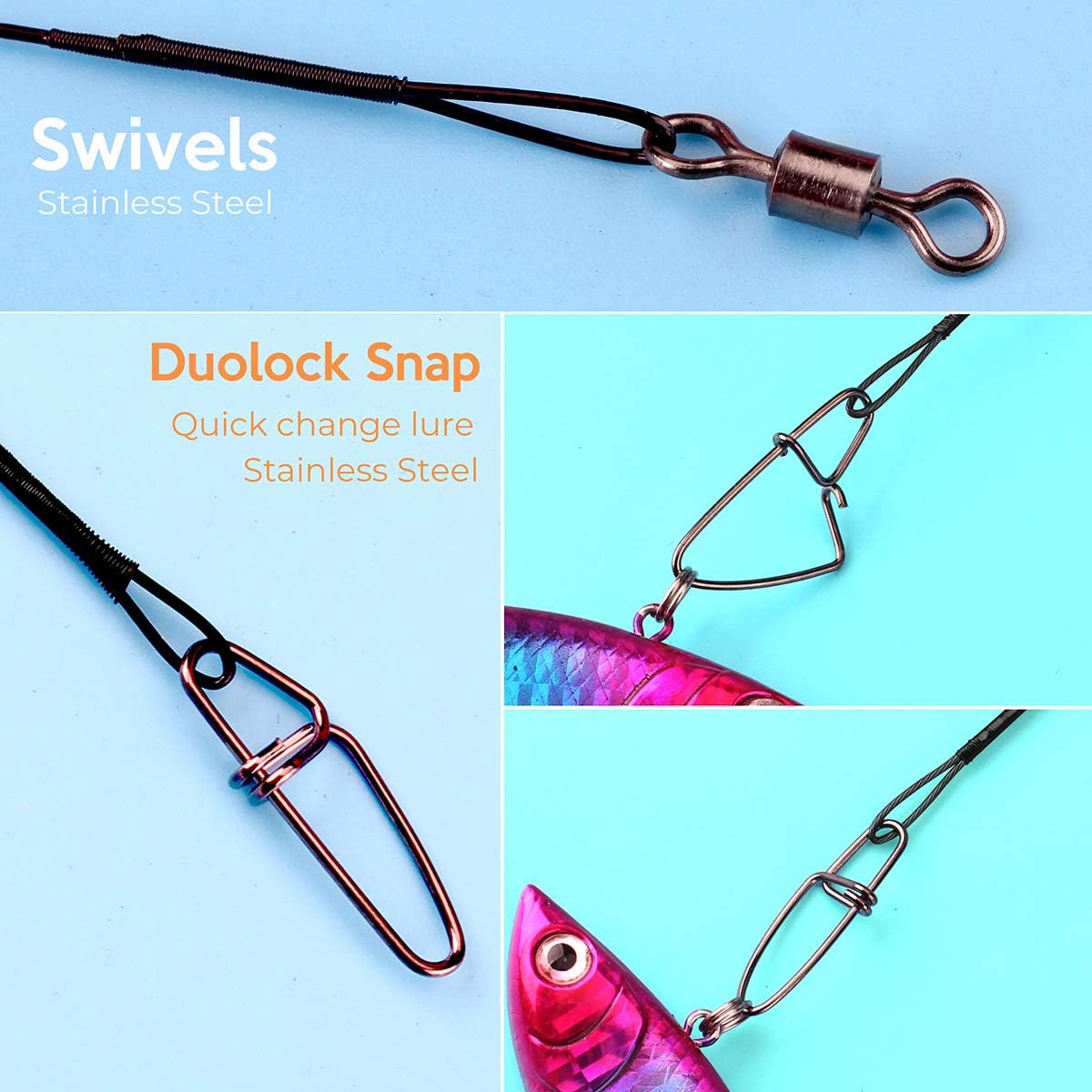 Scotank 60pcs Black Fishing Leaders Tooth Proof Stainless Steel Wire Tackle kit with Swivels Snap Connect Lures Bait Rig or Hooks 12 inch 9 inch 7 inch (Test 40 lb) : Sports & Outdoors
