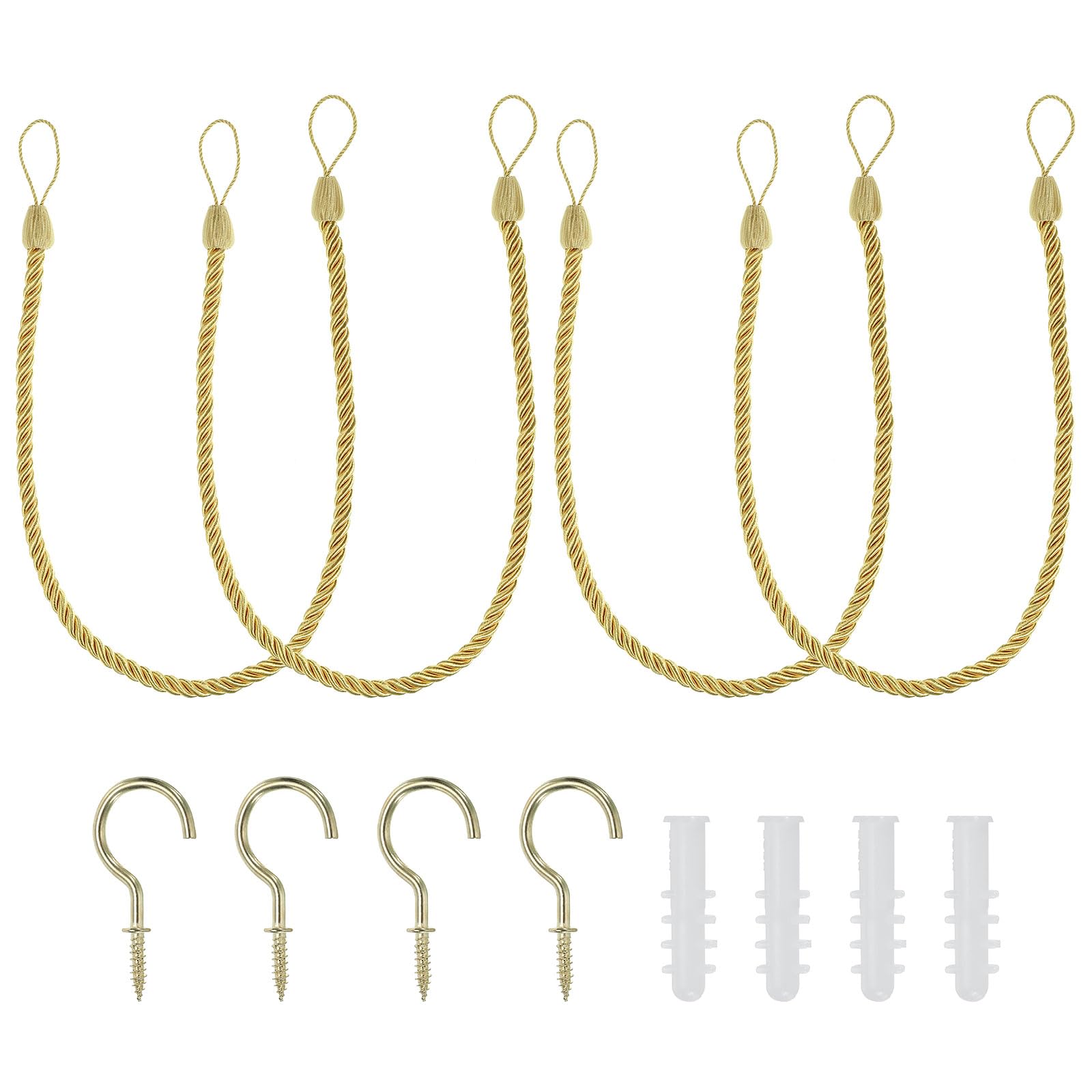 PATIKIL Curtain Tiebacks Ropes, 4 Pack Decorative Tie Backs Braided Curtain Holdback Cord for Home Office Decor, with Screw Hooks & Bolts, Gold Yellow