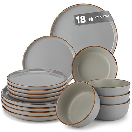 vancasso Reno Stoneware Dinner Set for 6, 18 Pieces Plates and Bowls Set with Dinner Plates, Dessert Plates & Cereal Bowls, Grey Speckled Crockery Set, Chip & Scratch Resistant