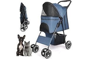 RULTYN Pet Dog Stroller, Four Wheels Cat Dog Stroller with Storage Basket, Handle 360° Front Wheel Rear Wheel with Brake for Small Medium Dogs Cats Travel Folding Carrier Stroller (Navy Blue)