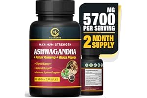 Nootamin Naturals Organic India Ashwagandha Capsules 5700mg - 60 Vegan Capsules with Panax Ginseng + Black Pepper Supporting Focus, Cognitive Function, Immune & Thyroid Support - 2 Months Supply