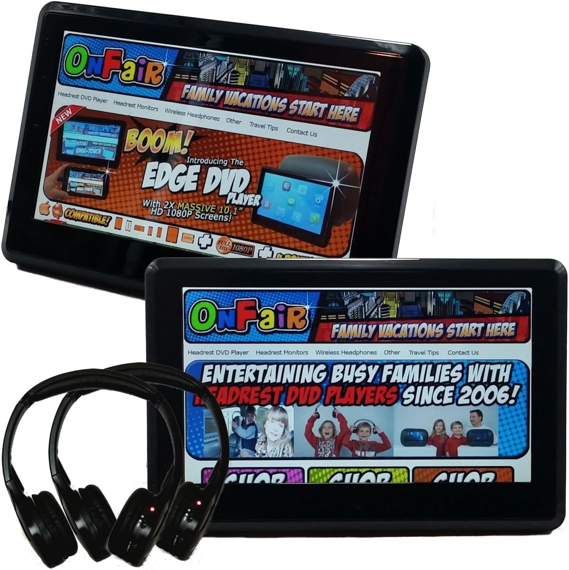 Autotain [Pair] Edge 10.1 inch Slim Active Headrest Monitor DVD Player + HDMI, 1080P, Home Power Cables, Cloud Headphones