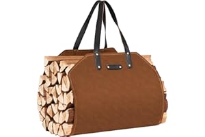 Permade Firewood Carrier with Real Leather Handles, Log Carrier for Firewood Waxed Canvas, 38.4x17.3inch Wood Carrier for Fireplace, Water Resistant Firewood Tote Bag for Stove, Outdoor Camping - Rust