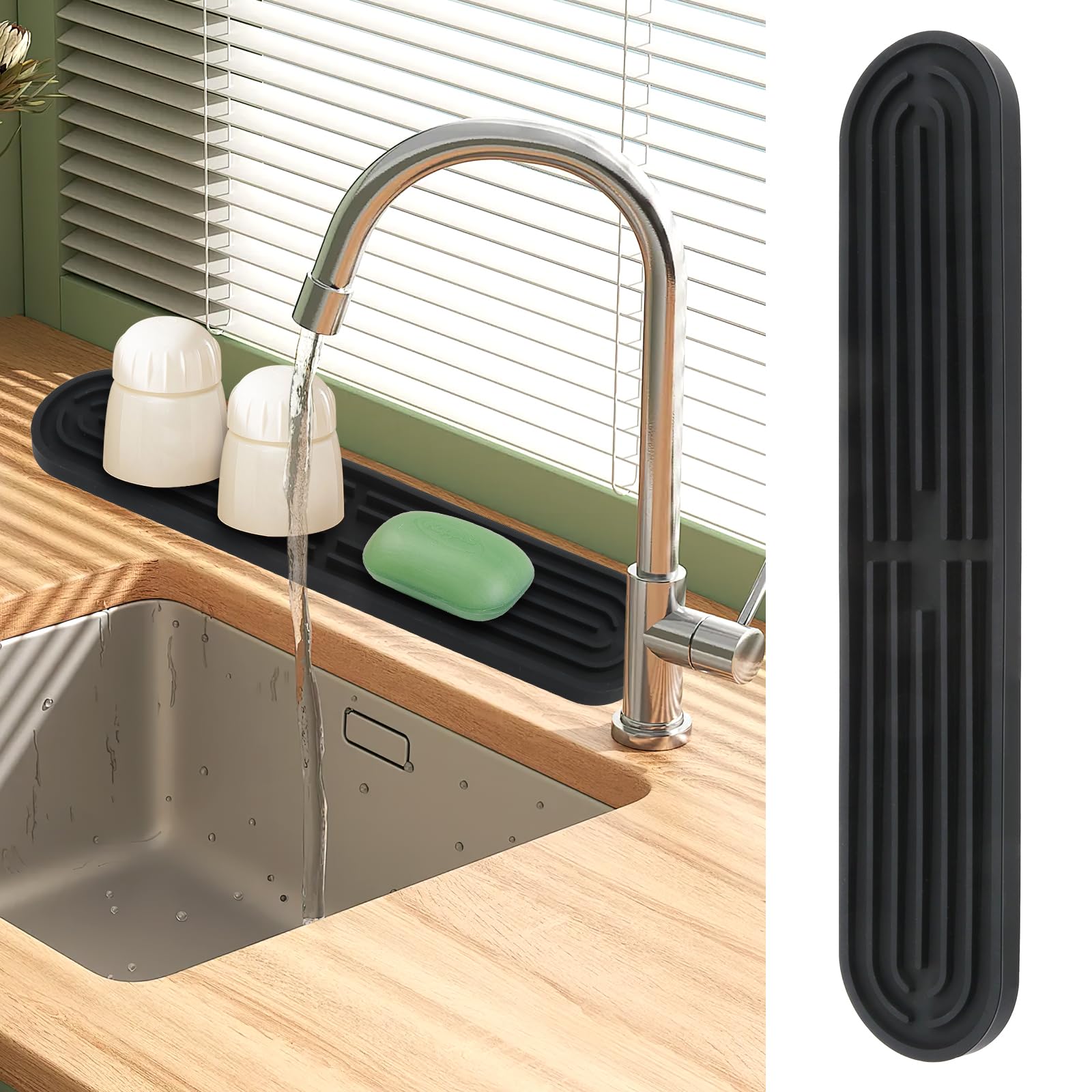 JIANGZHIB Narrow Bar Mat, Black Dish Drying Mat, Extended Dish Drying Mat, Silicone Tableware, 43 x 7.8 cm, Non-Slip Tap Drying Mat for Glasses, Bottles and Chopping Boards