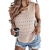 CHICME Womens Sweater Vests Knit Sleeveless Side Tie Crochet Top Fall Crewneck Hollow Out Beach Tank Cover Ups