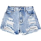 SweatyRocks Girl's Y2k Jean Shorts Elastic Waist Ripped Raw Hem Summer Denim Shorts