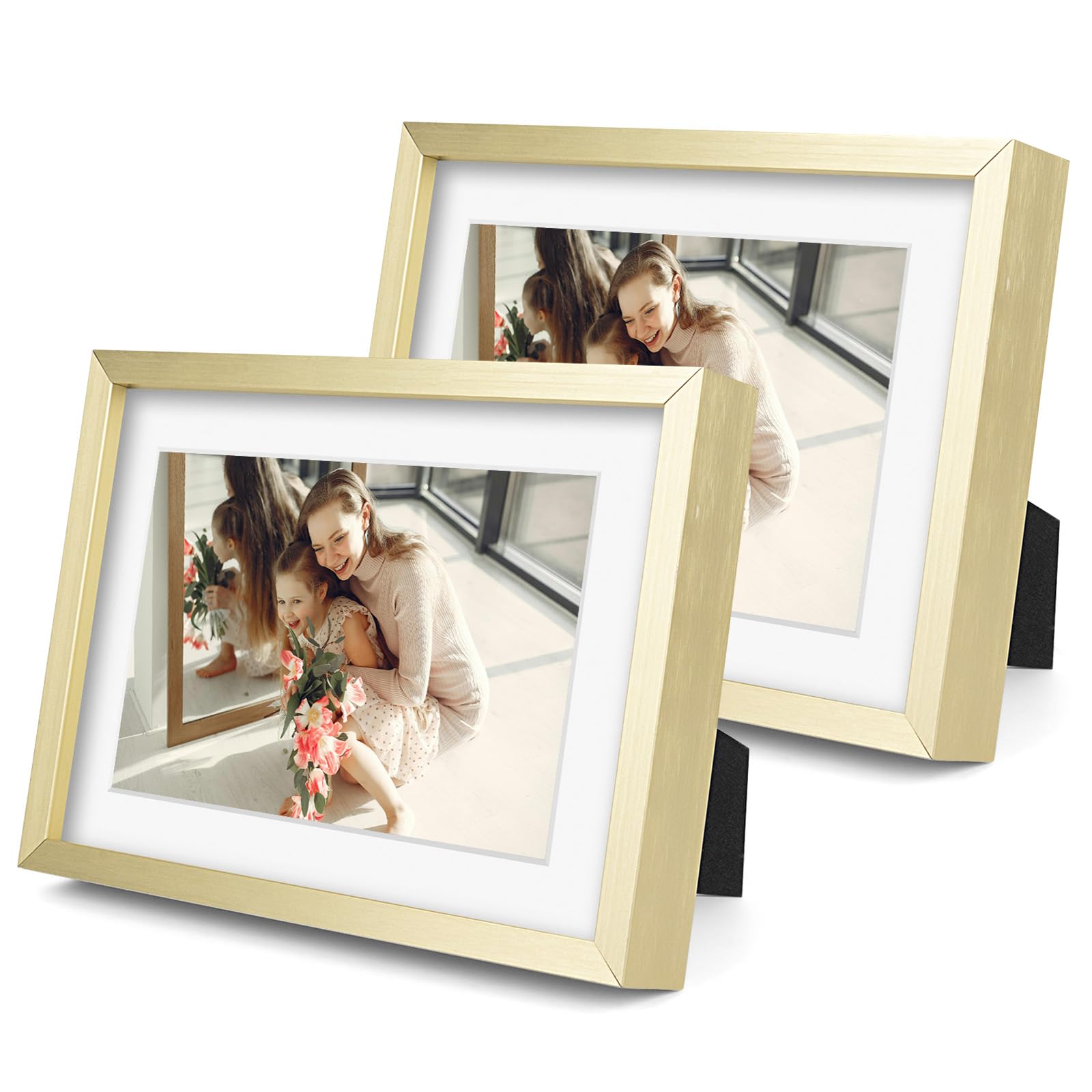 Golden State Art Two 5x7 Picture Frames - Gold Aluminum (Shiny Brushed) - Fit Photo 4x6 with Ivory Mat or 5x7 Without Mat - Metal Frame Real Glass (5x7, Set of 2, Gold)
