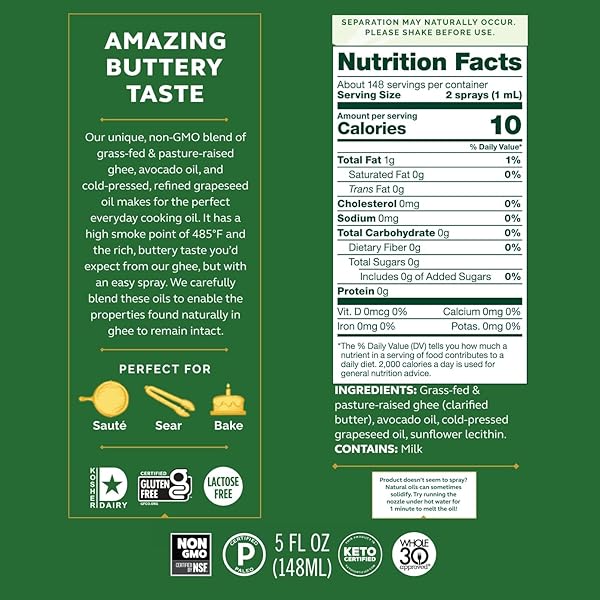 4TH & HEART ORIGINAL GHEE OIL NON-STICK COOKING SPRAY, MADE WITH GRASS-FED, PASTURE-RAISED GHEE, KETO, LACTOSE-FREE, CERTIFIED PALEO BAKING SPRAY (5OZ)