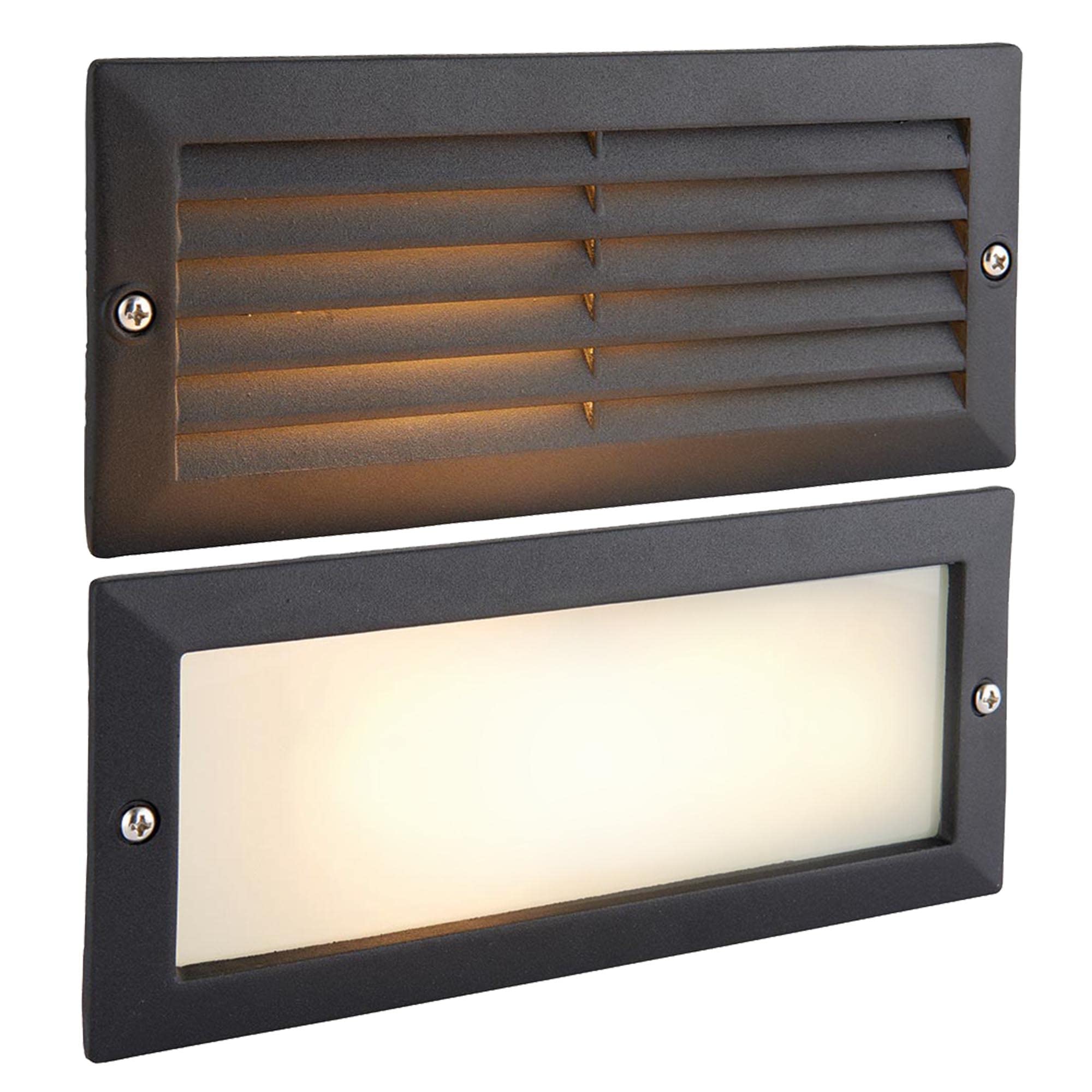 Betta Lighting Modern Outdoor Brick Lights – 40W E27 Recessed Guide Brick Light – Dimmable Wall Lighting for Outdoor Step – IP44 Garden Pathway Lights - Textured Black and Frosted Glass with Grill