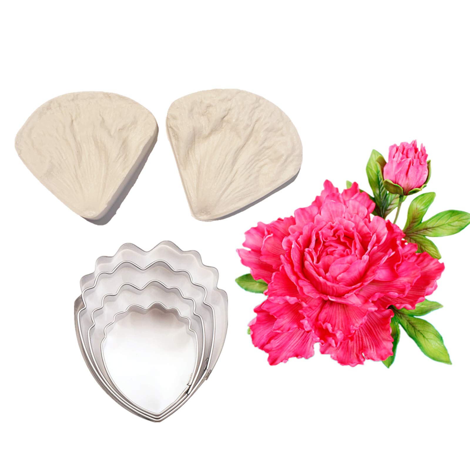 4pcs Fondant Peony Flower Stainless Steel Cutter Set 2pcs Gum Paste Silicone Mould Sugarcraft Flower Veining Mold Making Tool for Wedding Cake Decorating,Chocolate,Sugar,Clay