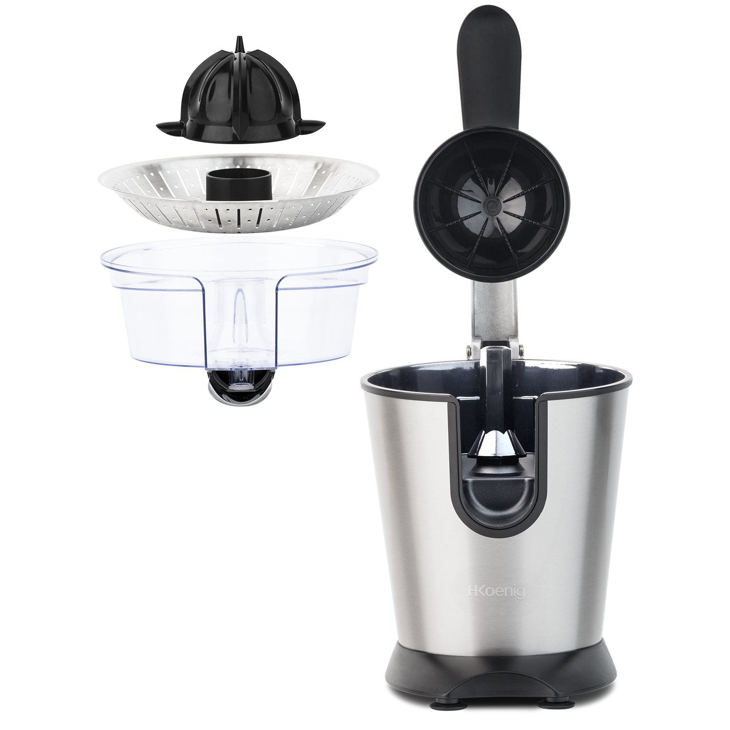 H.Koenig Elektrische Zitruspresse Professioneller Hebel Edelstahl AGR80, BPA-frei, Schnell, Automatisch, Leise, Leistungsstark 160 W, Anti-Tropf-Tülle, 160W 6