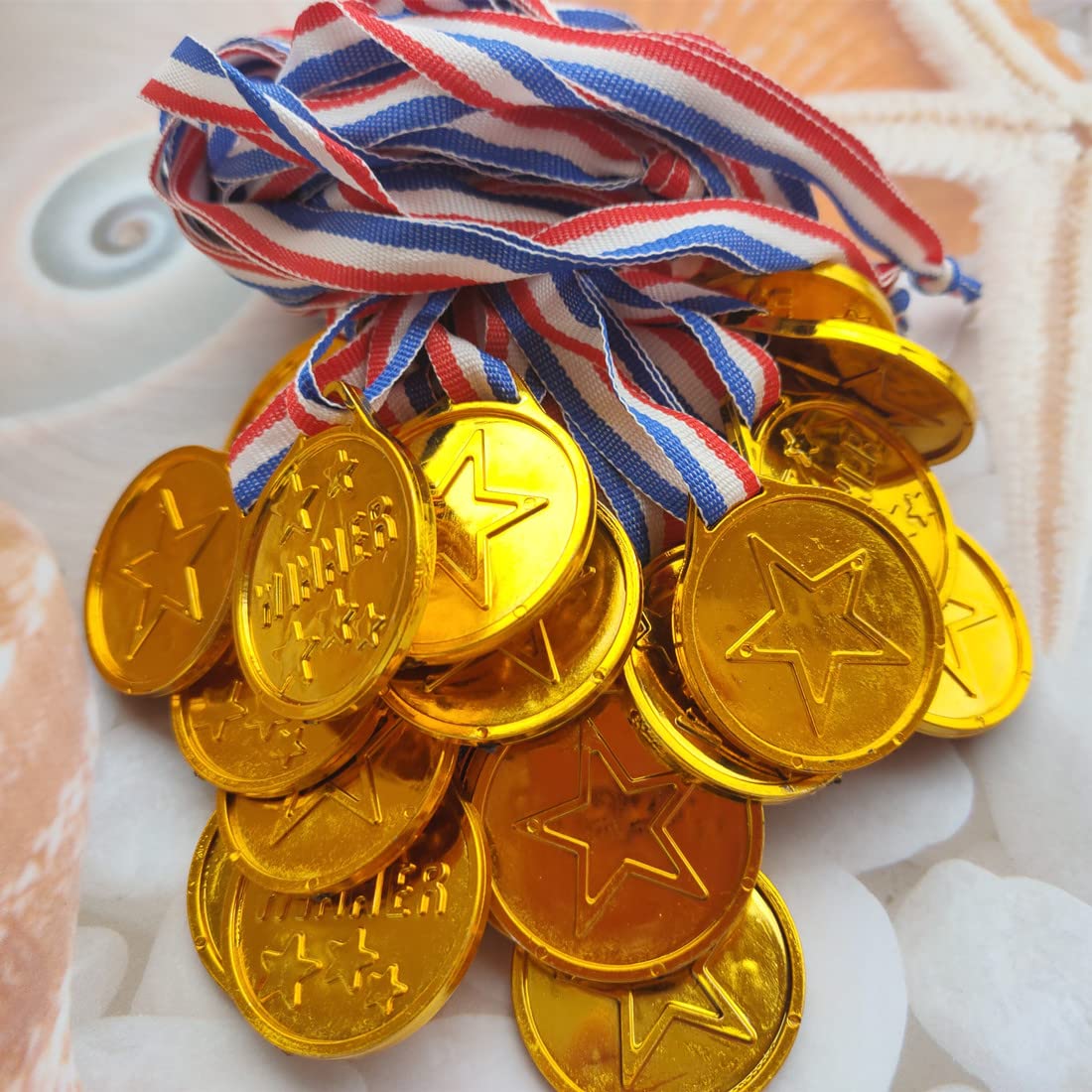 Photo 1 of Jilukibo 24PCS Gold Winner Award Medals for Parties, Competition,Students Rewards, Games, Sports, Dress Up, Plastic Winner Medals with Ribbon Necklaces