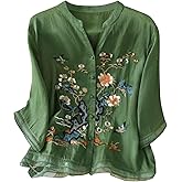 Linen Shirts for Women,Summer Retro Embroidered 3/4 Sleeve Boho Tops Casual Cotton Blouses Loose Crewneck Tunic