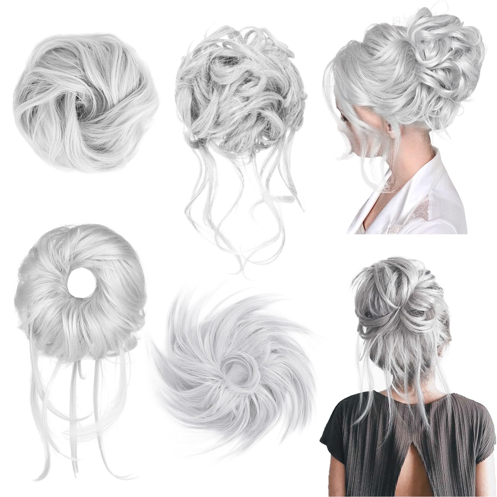 Photo 1 of HOOJIH Messy Bun Hair Pieces, 4 Pieces Messy Bun Straight Bun Hair Pieces for Women Wavy Tousled Updo Short Ponytail Hair Extensions Hair Scrunchies Large Bun with Elastic Band - Silver Gray