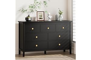 BAZELOR 7 Drawers Dresser for Bedroom, Black Dressers & Chests of Drawers with Gold Handles and 7 Large Drawer, Modern Wooden