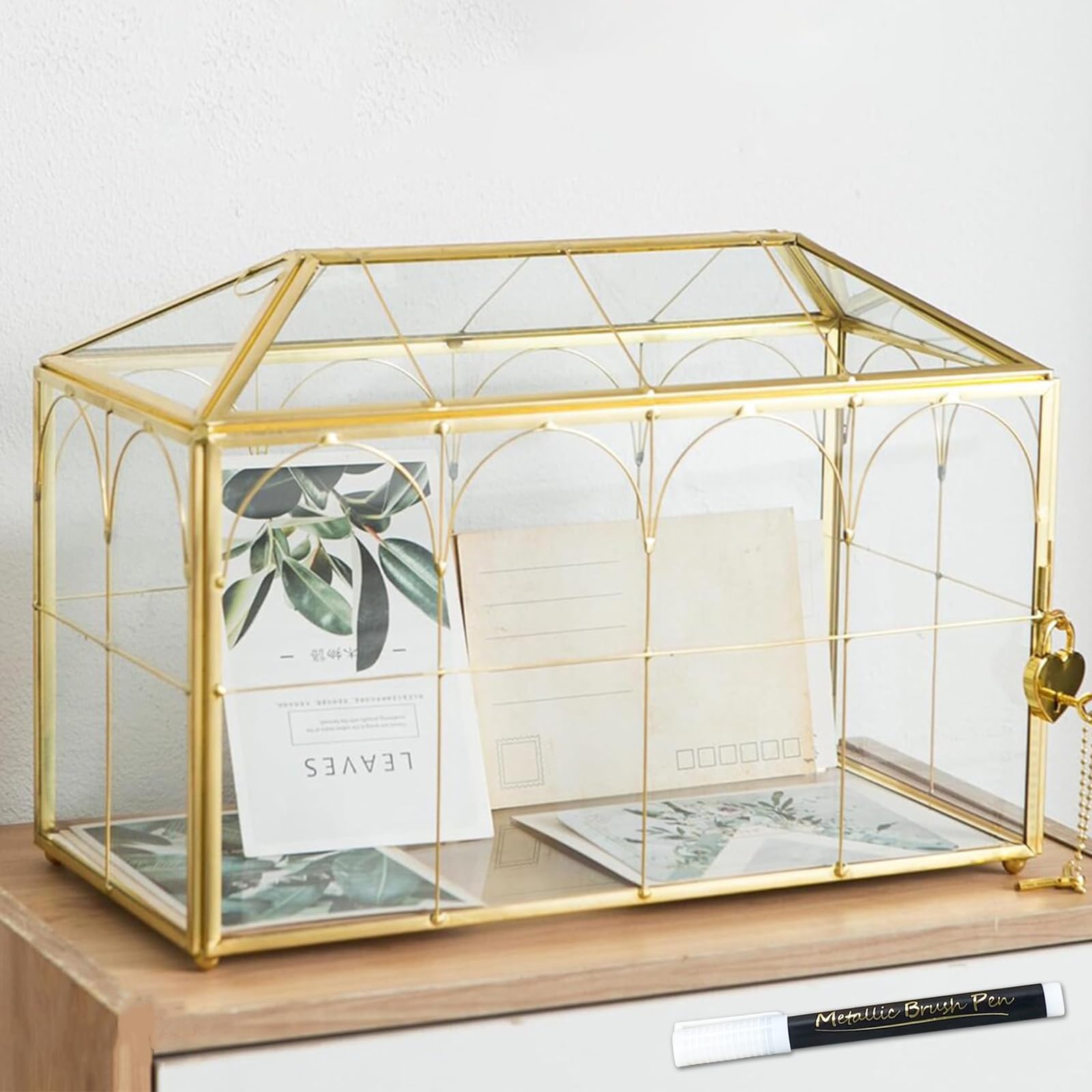 Photo 1 of FCDECOR 12.6" Glass Wedding Card Box with Lock, Large Gold Metal Card Box for Party Reception HoneyMoon Fund Box, Wedding, Baby Showers, Birthdays, Bridal or Graduation Party Box