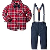 Yilaku Baby Boy Clothes Toddler Dress Outfits Infant Gentlman Suit 4 Piece Shirts + Bow Ties + Suspenders Pants Set