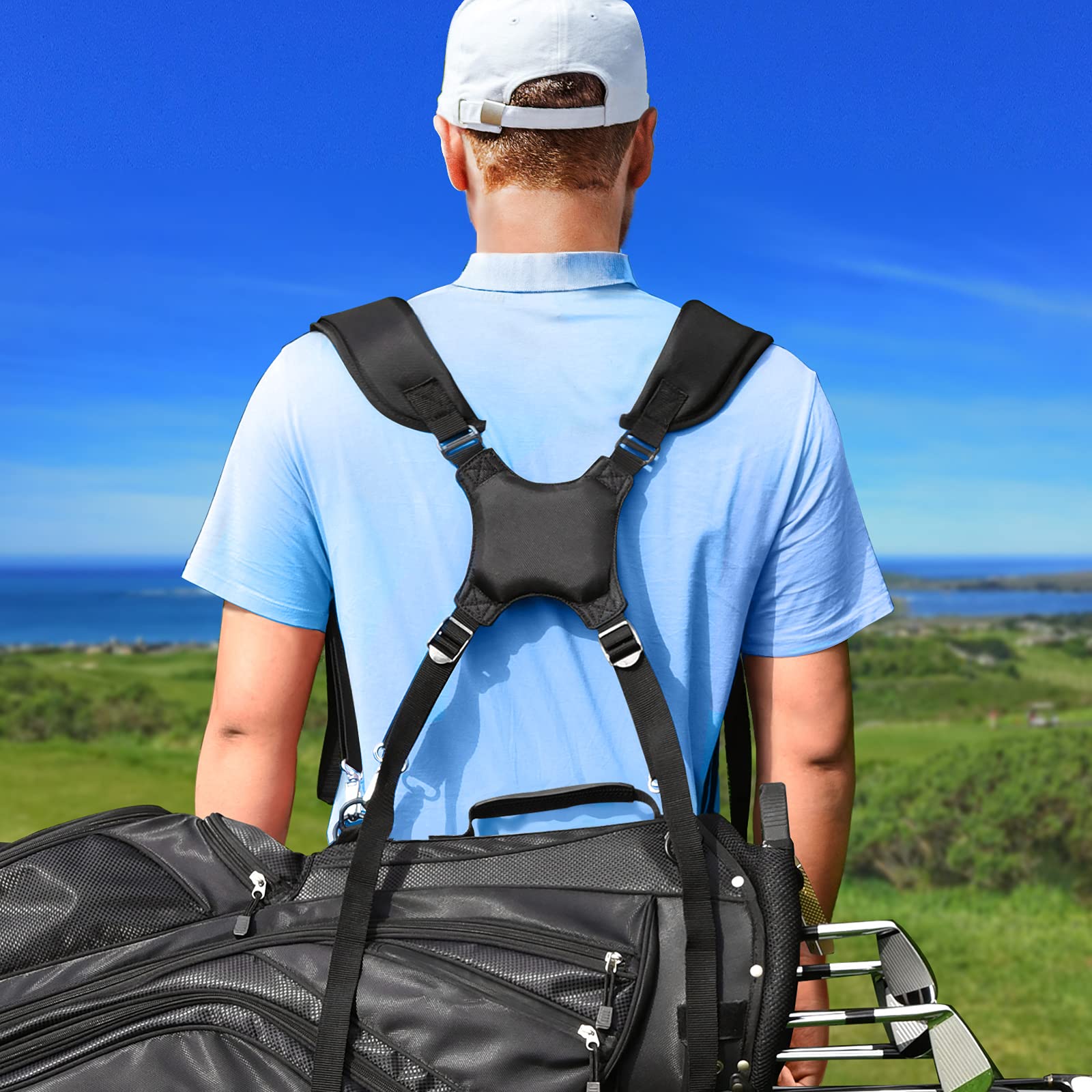 BIG TEETH Golf Cart Bag Straps Replacement Shoulder Padded Comfortable Nylon Adjustable Universal All Black 4 Hooks