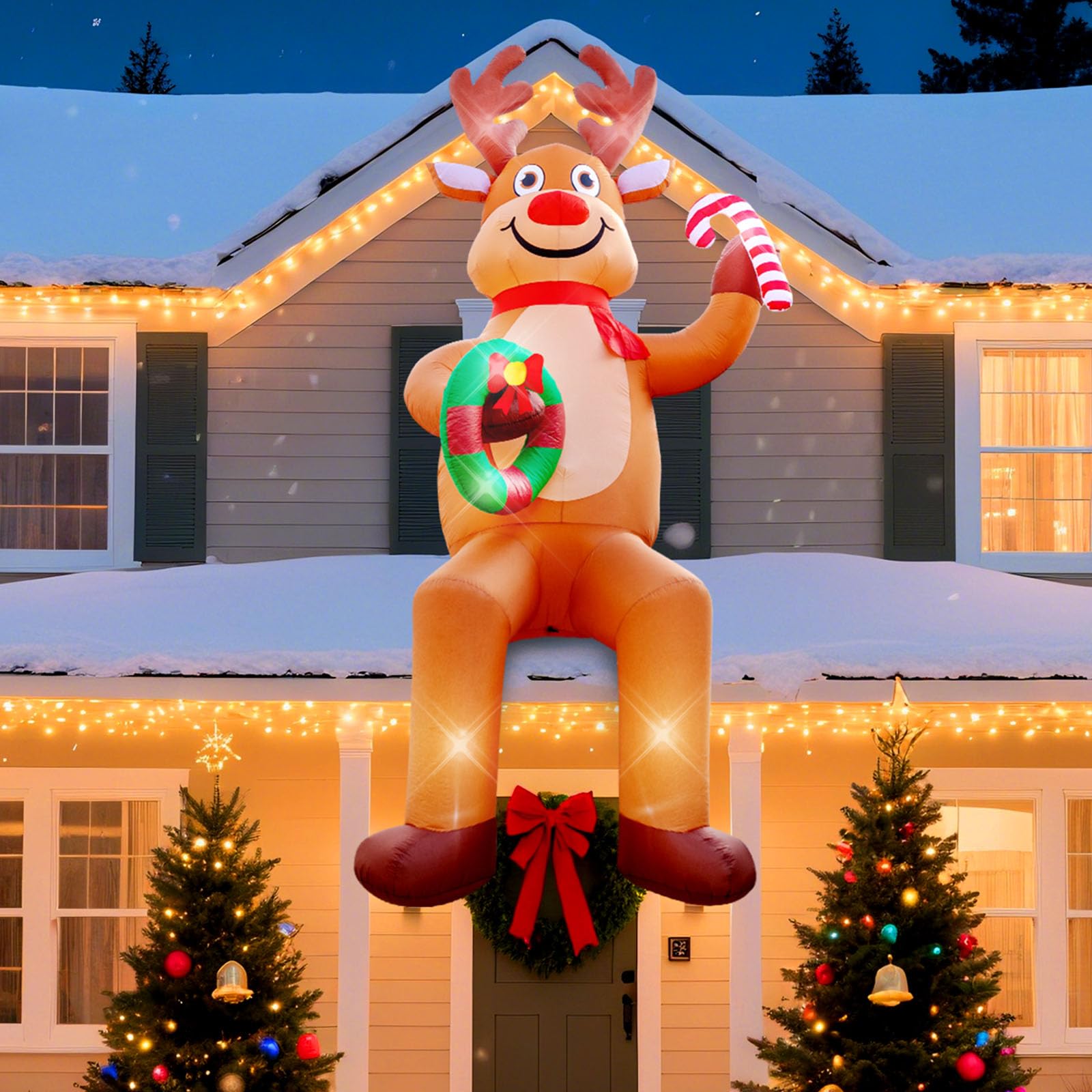 Photo 1 of 12FT Christmas inflatables, Christmas Inflatable Outdoor Decoration Sitting Reindeer with Built-in Led Lights, Christma Blow Ups Outdoor Roof Yard Lawn Xmas Decor